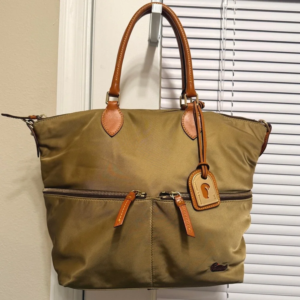 Dooney & Bourke Nylon Satchel Bag Khaki Tan Leather Trim Pockets Hot Pink